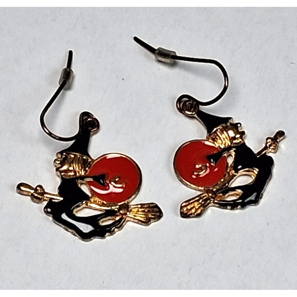 Vintage Halloween Witch Earrings Gold Tone Enamel Flying Broomstick Red Moon